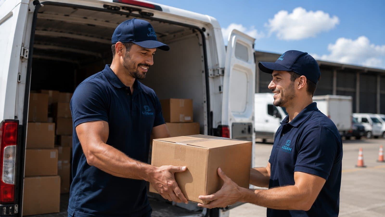 Entregador segurando caixas Logam