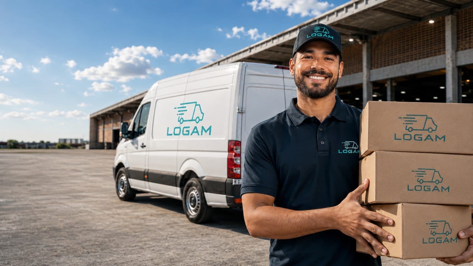 Entregador Logam com caminhão HR e caixas