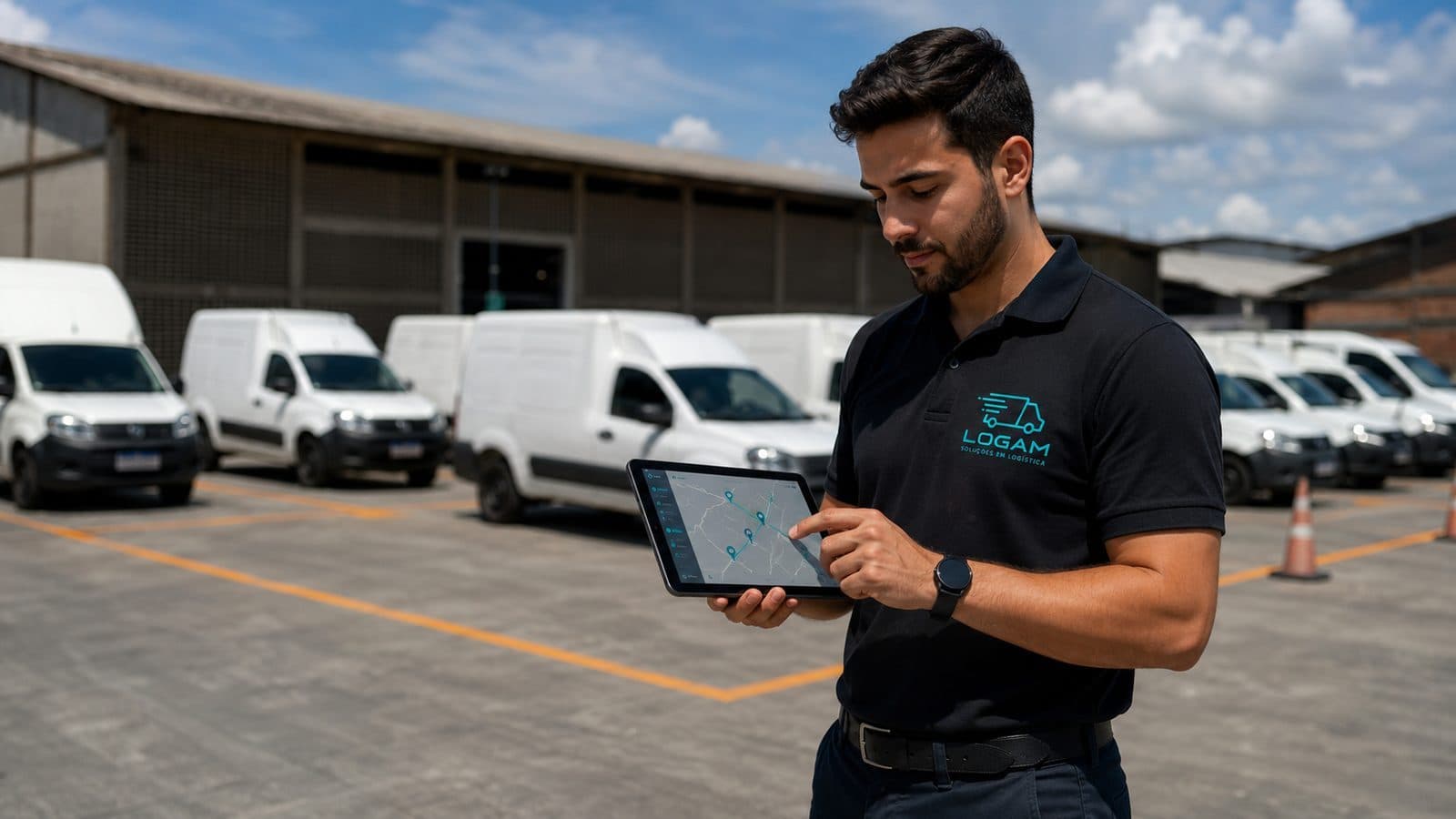 Colaborador Logam com tablet mostrando roteirização, frota ao fundo